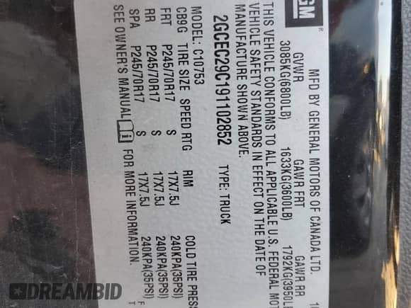 2009 Chevrolet Silverado 1500 LT with VIN 2GCEC29C191102852, listed as a Copart auction lot 89189265 with Not provided miles and Salvage title. Bid and sale history available at DreamBid. Image 12.