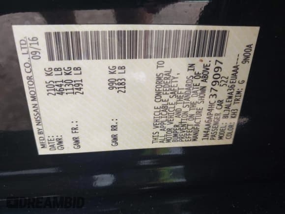 ✅ 2017 Nissan Maxima S • VIN: 1N4AA6AP4HC379097 • Lot: 42625927. Listed on IAAI with 185,292 mi. Free auction sales archive from the USA and detailed vehicle history report at DreamBid. Image 9.