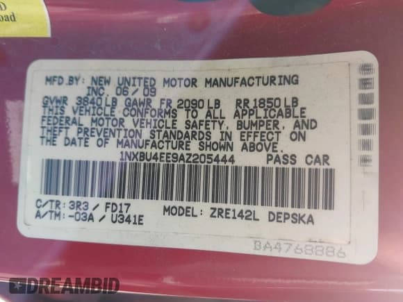 ✅ 2010 Toyota Corolla S • VIN: 1NXBU4EE9AZ205444 • Lot: 43545580. Listed on IAAI with 227,809 mi. Free auction sales archive from the USA and detailed vehicle history report at DreamBid. Image 9.