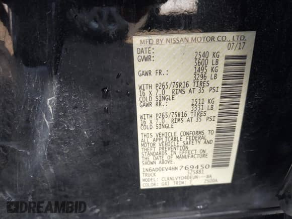 2017 Nissan Frontier SV with VIN 1N6AD0EV4HN769450, listed as a IAAI auction lot 41552801 with 138,958 mi miles and . Bid and sale history available at DreamBid. Image 9.