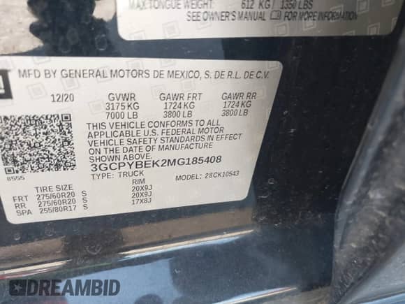 2021 Chevrolet Silverado 1500 Custom with VIN 3GCPYBEK2MG185408, listed as a IAAI auction lot 43356582 with 98,706 mi miles and . Bid and sale history available at DreamBid. Image 9.