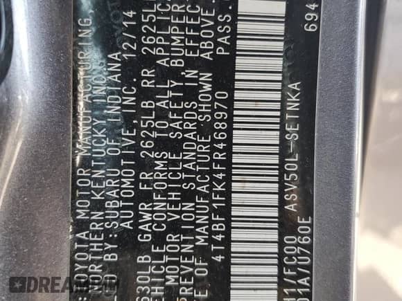 2015 Toyota Camry LE with VIN 4T4BF1FK4FR468970, listed as a Copart auction lot 84889785 with 105,624 mi miles and Non repairable. Bid and sale history available at DreamBid. Image 12.