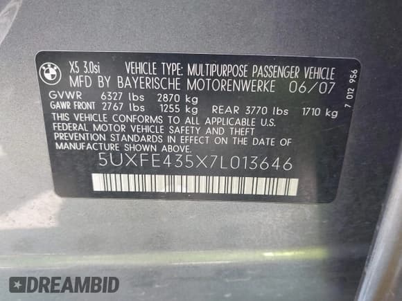 ✅ 2007 BMW X5 3.0si • VIN: 5UXFE435X7L013646 • Lot: 42533986. Listed on IAAI with 243,477 mi. Free auction sales archive from the USA and detailed vehicle history report at DreamBid. Image 9.