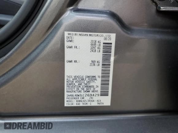 ✅ 2020 Nissan Altima SV • VIN: 1N4BL4DW3LC269429 • Лот: 90891915. Опубликован ранее на Copart с пробегом 79 767 миль. Бесплатный доступ к архиву аукционных продаж из США и подробный отчёт об истории автомобиля на DreamBid. Изображение 12.