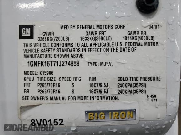 ✅ 2001 Chevrolet Suburban LS • VIN: 1GNFK16T71J274858 • Лот: 41432605. Опубликован ранее на Copart с пробегом 215 844 миль. Бесплатный доступ к архиву аукционных продаж из США и подробный отчёт об истории автомобиля на DreamBid. Изображение 14.