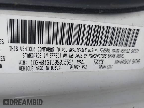 2009 Dodge 1500 SLT with VIN 1D3HB13T19S815521, listed as a IAAI auction lot 42134380 with 255,480 mi miles and . Bid and sale history available at DreamBid. Image 9.
