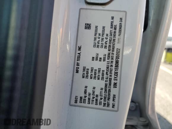 ✅ 2021 Tesla Model 3 Long Range • VIN: 5YJ3E1EB0MF050922 • Lot: 57625905. Wystawiony na Copart z przebiegiem 62 631 mil. Bezpłatny archiwum sprzedaży aukcyjnych z USA i szczegółowy raport historii pojazdu na DreamBid. Zdjęcie 12.