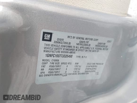 ✅ 2007 Chevrolet Suburban LTZ • VIN: 1GNFC16077J326498 • Lot: 43657422. Listed on IAAI with 252,671 mi. Free auction sales archive from the USA and detailed vehicle history report at DreamBid. Image 9.