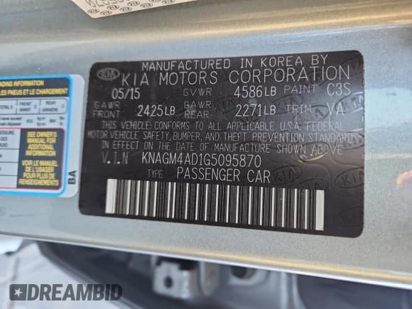 ✅ 2016 Kia Optima • VIN: KNAGM4AD1G5095870 • Lot: 82719355. Listed on Copart with 97,947 mi. Free auction sales archive from the USA and detailed vehicle history report at DreamBid. Image 12.