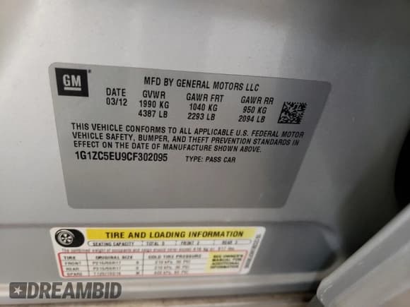 ✅ 2012 Chevrolet Malibu 1LT • VIN: 1G1ZC5EU9CF302095 • Lot: 67412634. Listed on Copart with 126,217 mi. Free auction sales archive from the USA and detailed vehicle history report at DreamBid. Image 12.