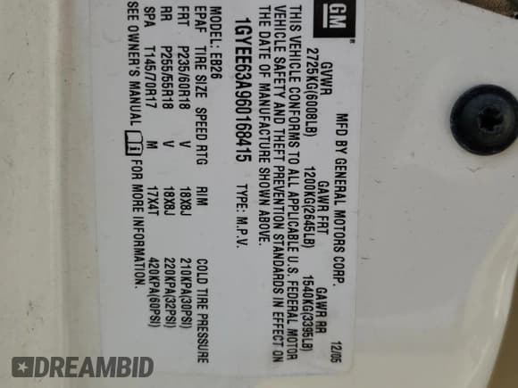 ✅ 2006 Cadillac SRX • VIN: 1GYEE63A960168415 • Lot: 65563534. Listed on Copart with Not provided. Free auction sales archive from the USA and detailed vehicle history report at DreamBid. Image 13.