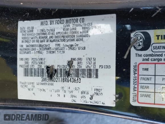 ✅ 2008 Mercury Milan Premier • VIN: 3MEHM02118R643643 • Lot: 41624708. Listed on IAAI with 186,130 mi. Free auction sales archive from the USA and detailed vehicle history report at DreamBid. Image 9.