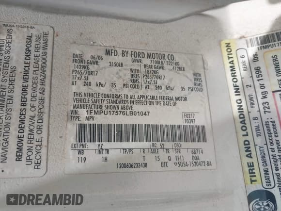 ✅ 2006 Ford Expedition Eddie Bauer • VIN: 1FMPU17576LB01047 • Lot: 42592860. Listed on IAAI with 117,869 mi. Free auction sales archive from the USA and detailed vehicle history report at DreamBid. Image 9.