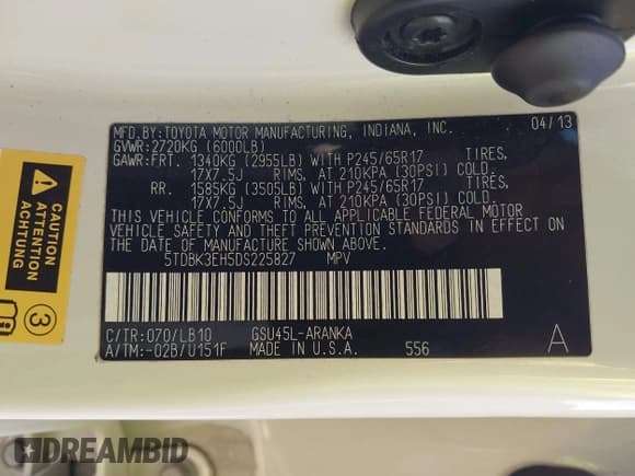 ✅ 2013 Toyota Highlander Plus • VIN: 5TDBK3EH5DS225827 • Lot: 43533454. Listed on IAAI with 113,826 mi. Free auction sales archive from the USA and detailed vehicle history report at DreamBid. Image 9.