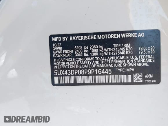 ✅ 2023 BMW X3 sDrive30i • VIN: 5UX43DP08P9P16445 • Lot: 43169016. Listed on IAAI with 60,318 mi. Free auction sales archive from the USA and detailed vehicle history report at DreamBid. Image 9.