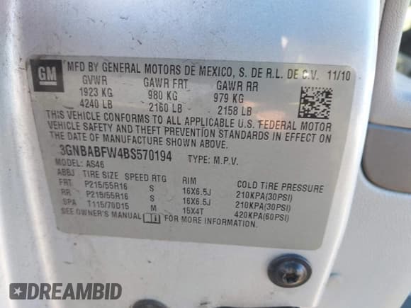 ✅ 2011 Chevrolet HHR 1LT • VIN: 3GNBABFW4BS570194 • Lot: 41361945. Listed on IAAI with 220,419 mi. Free auction sales archive from the USA and detailed vehicle history report at DreamBid. Image 9.