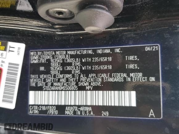 ✅ 2021 Toyota Highlander Hybrid LE • VIN: 5TDZARAH6MS506805 • Lot: 47851175. Listed on Copart with 65,111 mi. Free auction sales archive from the USA and detailed vehicle history report at DreamBid. Image 13.