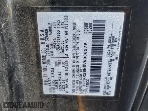 ✅ 1997 Ford F-250 • VIN: 1FTFX28W3VND06579 • Lot: 90500895. Listed on Copart with 186,695 mi. Free auction sales archive from the USA and detailed vehicle history report at DreamBid. Image 12.