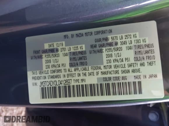 ✅ 2020 Mazda CX-9 Grand Touring • VIN: JM3TCADY0L0412697 • Lot: 43570985. Listed on IAAI with 59,725 mi. Free auction sales archive from the USA and detailed vehicle history report at DreamBid. Image 9.