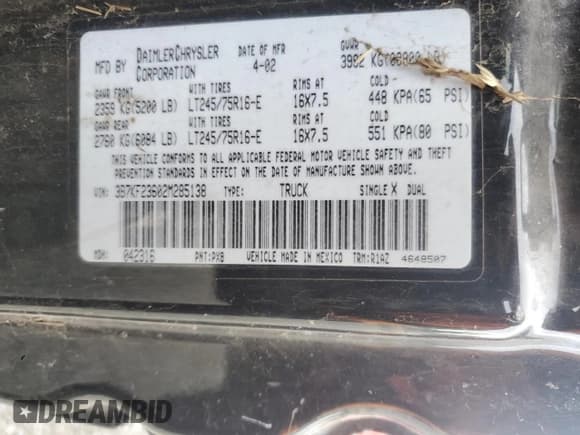 ✅ 2002 Dodge 2500 • VIN: 3B7KF23602M285138 • Lot: 71438535. Listed on Copart with Not provided. Free auction sales archive from the USA and detailed vehicle history report at DreamBid. Image 12.