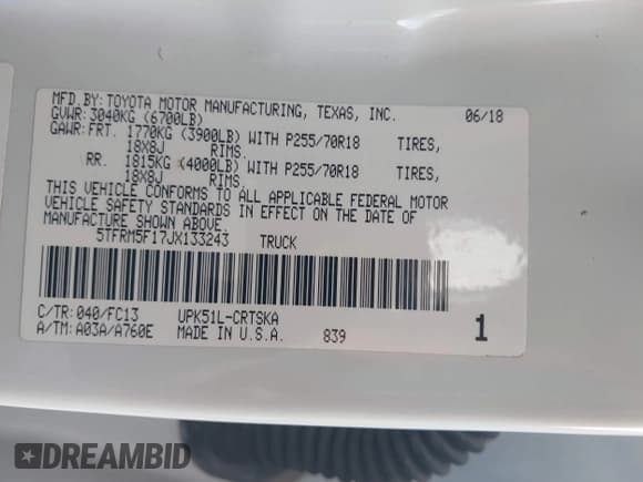 ✅ 2018 Toyota Tundra SR • VIN: 5TFRM5F17JX133243 • Lot: 43741429. Listed on IAAI with 82,695 mi. Free auction sales archive from the USA and detailed vehicle history report at DreamBid. Image 9.