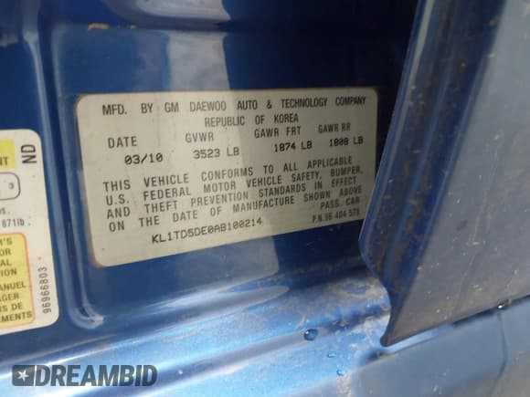 ✅ 2010 Chevrolet Aveo 1LT • VIN: KL1TD5DE0AB100214 • Lot: 43090291. Listed on IAAI with 139,309 mi. Free auction sales archive from the USA and detailed vehicle history report at DreamBid. Image 9.