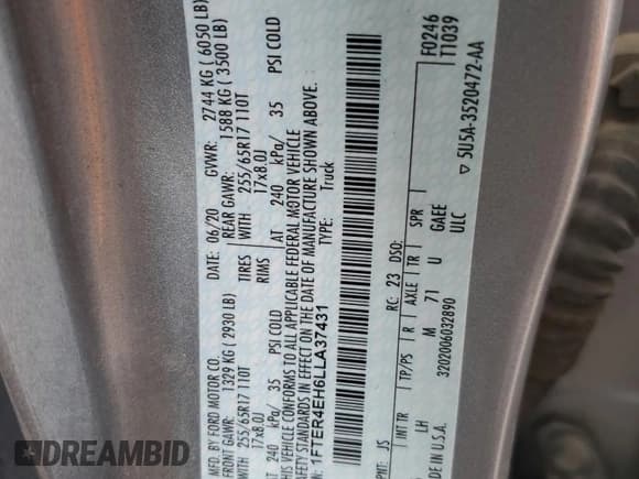 ✅ 2020 Ford Ranger Lariat • VIN: 1FTER4EH6LLA37431 • Lot: 90075485. Listed on Copart with 79,644 mi. Free auction sales archive from the USA and detailed vehicle history report at DreamBid. Image 12.