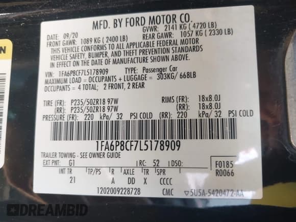 ✅ 2020 Ford Mustang GT • VIN: 1FA6P8CF7L5178909 • Lot: 42481881. Listed on IAAI with 67,918 mi. Free auction sales archive from the USA and detailed vehicle history report at DreamBid. Image 9.