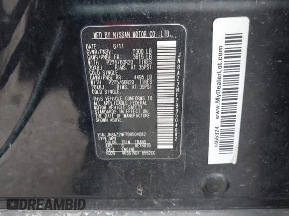 ✅ 2011 Infiniti QX56 7-passenger • VIN: JN8AZ2NF7B9504082 • Lot: 43869436. Listed on IAAI with 234,663 mi. Free auction sales archive from the USA and detailed vehicle history report at DreamBid. Image 9.