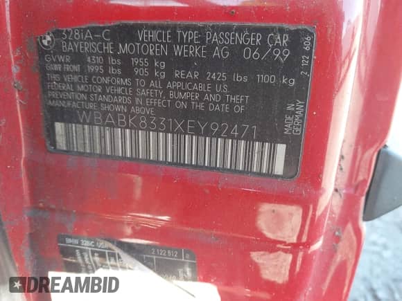 1999 BMW 3 Series 328i с VIN WBABK8331XEY92471, выставлен на аукционе IAAI как лот 43610220 с пробегом Не указан миль и . История ставок и продаж доступна на DreamBid. Изображение 9.