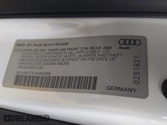 ✅ 2022 Audi RS 5 Sportback • VIN: WUAAWCF51NA902099 • Lot: 43455117. Listed on IAAI with 53,874 mi. Free auction sales archive from the USA and detailed vehicle history report at DreamBid. Image 9.
