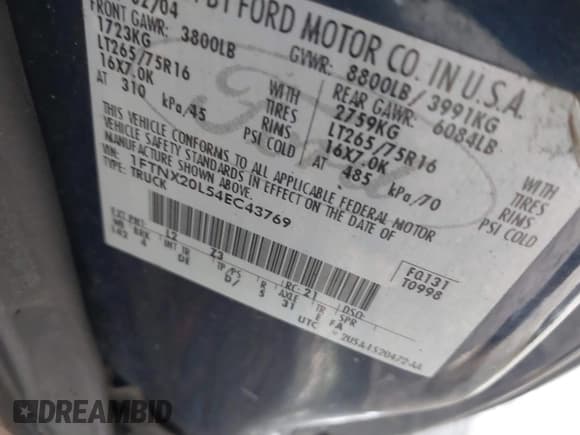 ✅ 2004 Ford F-250 XL • VIN: 1FTNX20L54EC43769 • Lot: 41624946. Listed on IAAI with 341,890 mi. Free auction sales archive from the USA and detailed vehicle history report at DreamBid. Image 9.