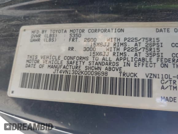 ✅ 1989 Toyota Pickup DLX • VIN: JT4VN13D2K0009698 • Lot: 42643012. Wystawiony na IAAI z przebiegiem 293 029 mil. Bezpłatny archiwum sprzedaży aukcyjnych z USA i szczegółowy raport historii pojazdu na DreamBid. Zdjęcie 9.