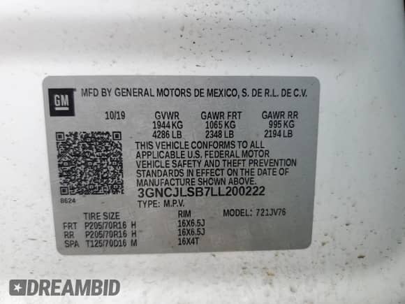 2020 Chevrolet Trax LT z VIN 3GNCJLSB7LL200222, wystawiony jako Copart lot #80557415 z przebiegiem 67 534 mil mil oraz Szkoda całkowita • Salvage title. Historia ofert i sprzedaży dostępna na DreamBid. Obrazek 13.