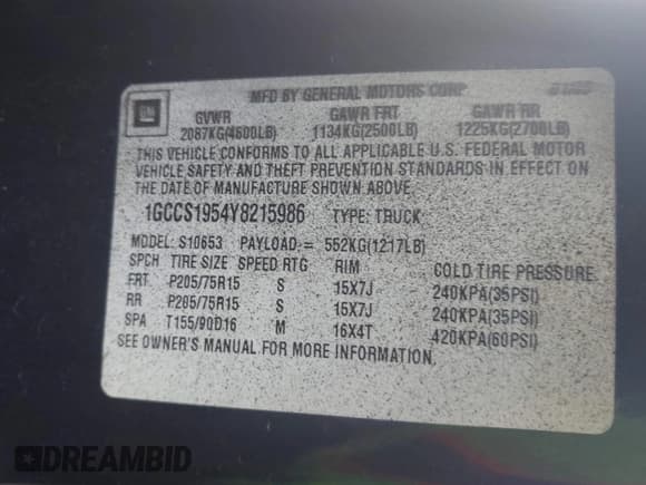 ✅ 2000 Chevrolet S-10 LS • VIN: 1GCCS1954Y8215986 • Лот: 41837475. Опубликован ранее на IAAI с пробегом 192 113 миль. Бесплатный доступ к архиву аукционных продаж из США и подробный отчёт об истории автомобиля на DreamBid. Изображение 9.
