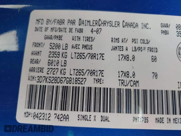 ✅ 2007 Dodge 2500 SLT • VIN: 3D7KS28D67G818527 • Lot: 42851576. Listed on IAAI with 125,874 mi. Free auction sales archive from the USA and detailed vehicle history report at DreamBid. Image 9.