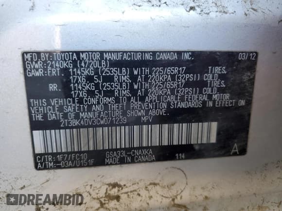 ✅ 2012 Toyota RAV4 • VIN: 2T3BK4DV3CW071239 • Лот: 85477165. Опубликован ранее на Copart с пробегом Не указан. Бесплатный доступ к архиву аукционных продаж из США и подробный отчёт об истории автомобиля на DreamBid. Изображение 14.