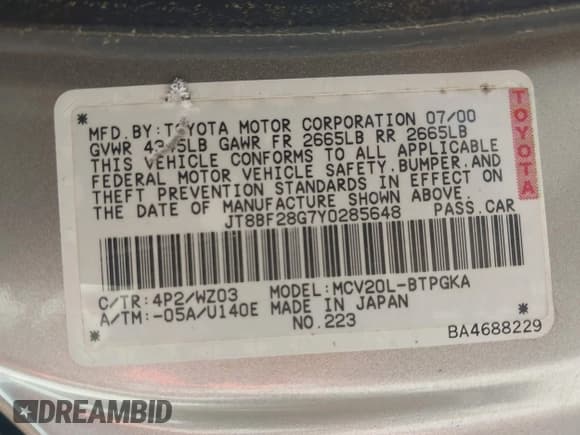 ✅ 2000 Lexus ES 300 • VIN: JT8BF28G7Y0285648 • Lot: 42963535. Listed on IAAI with 157,356 mi. Free auction sales archive from the USA and detailed vehicle history report at DreamBid. Image 9.