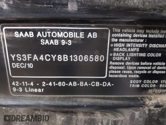 ✅ 2011 Saab 9-3 • VIN: YS3FA4CY8B1306580 • Lot: 41495000. Listed on IAAI with 106,443 mi. Free auction sales archive from the USA and detailed vehicle history report at DreamBid. Image 9.