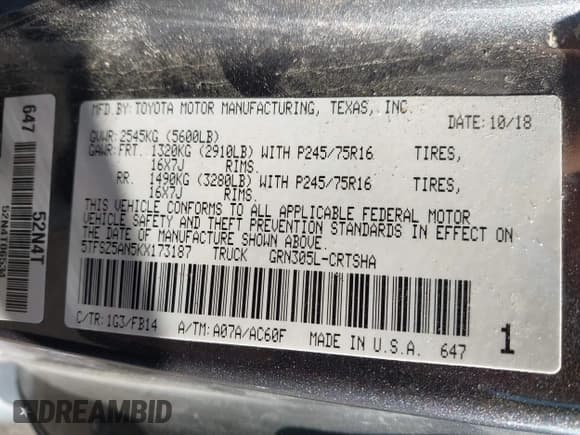 ✅ 2019 Toyota Tacoma SR5 • VIN: 5TFSZ5AN5KX173187 • Lot: 42424525. Listed on IAAI with 94,814 mi. Free auction sales archive from the USA and detailed vehicle history report at DreamBid. Image 9.