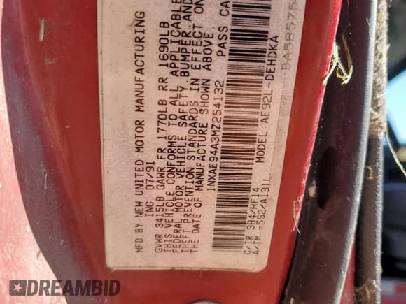 ✅ 1991 Toyota Corolla • VIN: 1NXAE94A3MZ254132 • Lot: 67485313. Wystawiony na Copart z przebiegiem 193 144 mil. Bezpłatny archiwum sprzedaży aukcyjnych z USA i szczegółowy raport historii pojazdu na DreamBid. Zdjęcie 12.