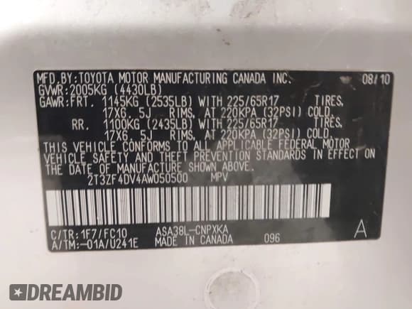 ✅ 2010 Toyota RAV4 • VIN: 2T3ZF4DV4AW050500 • Лот: 43845435. Опубликован ранее на IAAI с пробегом 195 765 миль. Бесплатный доступ к архиву аукционных продаж из США и подробный отчёт об истории автомобиля на DreamBid. Изображение 9.