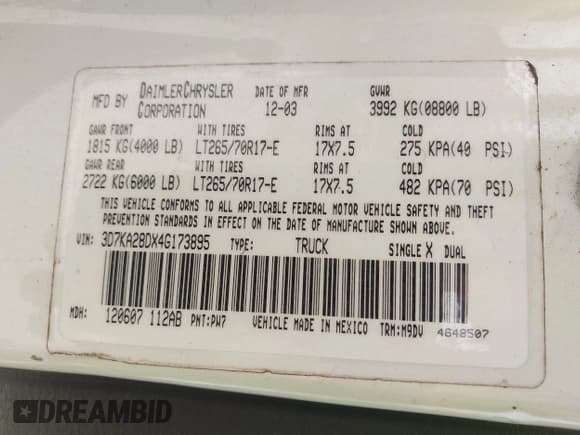 ✅ 2004 Dodge 2500 ST • VIN: 3D7KA28DX4G173895 • Lot: 43167109. Wystawiony na IAAI z przebiegiem 313 303 mil. Bezpłatny archiwum sprzedaży aukcyjnych z USA i szczegółowy raport historii pojazdu na DreamBid. Zdjęcie 9.
