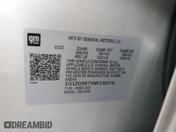 2022 Chevrolet Malibu LT with VIN 1G1ZD5ST5NF135276, listed as a Copart auction lot 83949205 with 56,118 mi miles and Salvage title. Bid and sale history available at DreamBid. Image 13.