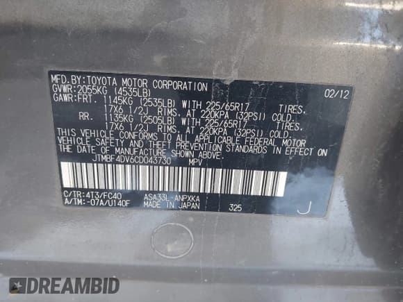 ✅ 2012 Toyota RAV4 • VIN: JTMBF4DV6CD043730 • Lot: 43778005. Listed on IAAI with 127,721 mi. Free auction sales archive from the USA and detailed vehicle history report at DreamBid. Image 9.