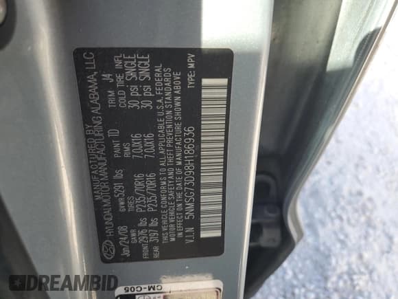 ✅ 2008 Hyundai Santa Fe GLS • VIN: 5NMSG73D98H186936 • Lot: 74671154. Listed on Copart with 139,031 mi. Free auction sales archive from the USA and detailed vehicle history report at DreamBid. Image 14.