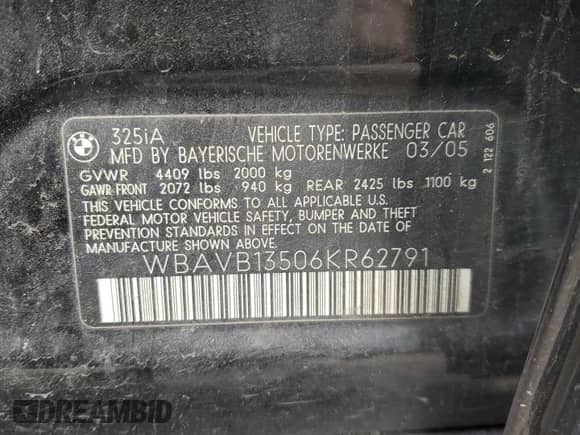 2006 BMW 3 Series 325i z VIN WBAVB13506KR62791, wystawiony jako Copart lot #82771415 z przebiegiem 261 229 mil mil oraz Szkoda całkowita • Salvage title. Historia ofert i sprzedaży dostępna na DreamBid. Obrazek 12.