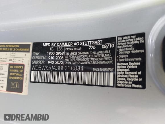 ✅ 2011 Mercedes-Benz SLK • VIN: WDBWK5JA3BF238884 • Lot: 42092753. Listed on IAAI with 94,744 mi. Free auction sales archive from the USA and detailed vehicle history report at DreamBid. Image 9.