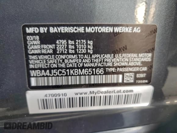 ✅ 2019 BMW 4 Series 440i • VIN: WBA4J5C51KBM65166 • Lot: 95125645. Listed on Copart with 70,064 mi. Free auction sales archive from the USA and detailed vehicle history report at DreamBid. Image 12.