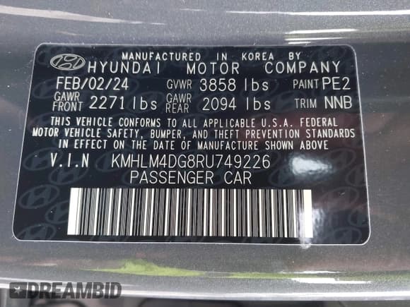✅ 2024 Hyundai Elantra SEL • VIN: KMHLM4DG8RU749226 • Lot: 43354612. Listed on IAAI with 25,309 mi. Free auction sales archive from the USA and detailed vehicle history report at DreamBid. Image 9.